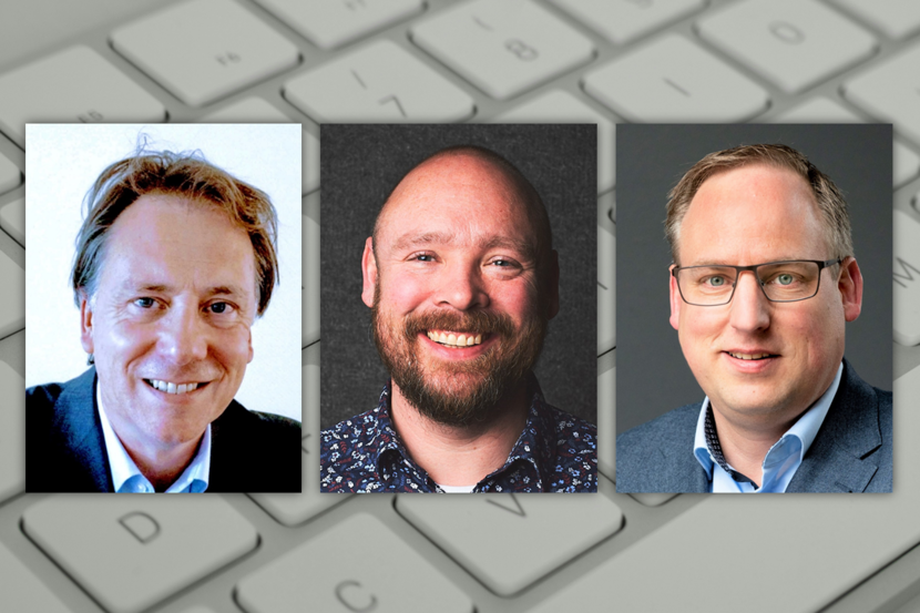 Drie portretfoto's van Alex Maas, Douwe Pieter van den Bos en Gerben Kleine in een collage