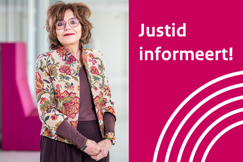 Foto van Guiny Kustner naast de tekst 'Justid informeert!'
