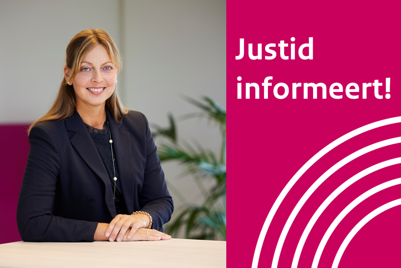 Foto van Marjan Bakker naast de tekst 'Justid informeert!'